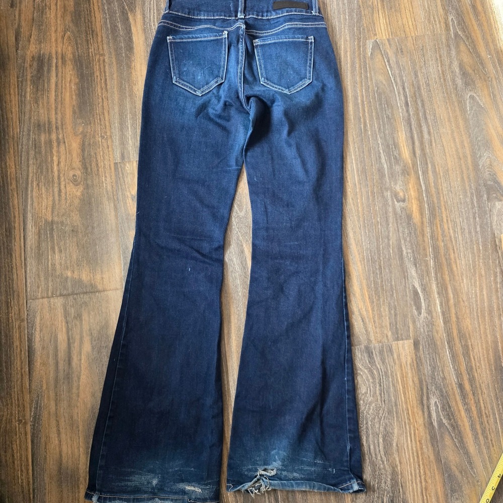 Cello Womens Dark Wash Flare Jeans Distressed Hem Size 5 - Picture 2 of 9